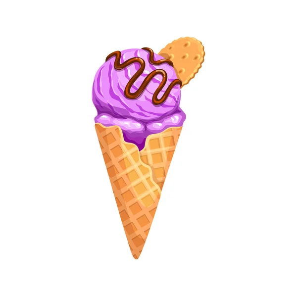 漫画のアイスクリーム ジェラートパーラーの冷凍デザート お菓子屋さんの乳製品メニューアイスクリーム カフェやレストランのデザートバニラベクトル夏の日曜日 チョコレートトッピングとワッフルコーンのジェラートボール — ストックベクタ