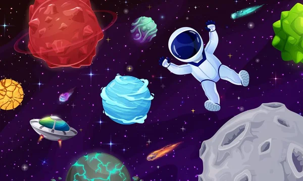 Personagem Astronauta Dos Desenhos Animados Espaço Exterior Planetas Galáxia Fundo —  Vetores de Stock