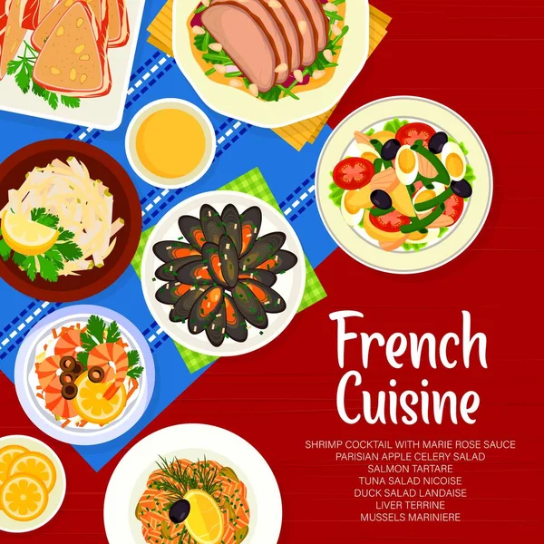 Fransız Mutfağı Menüsü Örtüsü Vektör Fransa Yemekleri Karides Kokteyli Marie — Stok Vektör