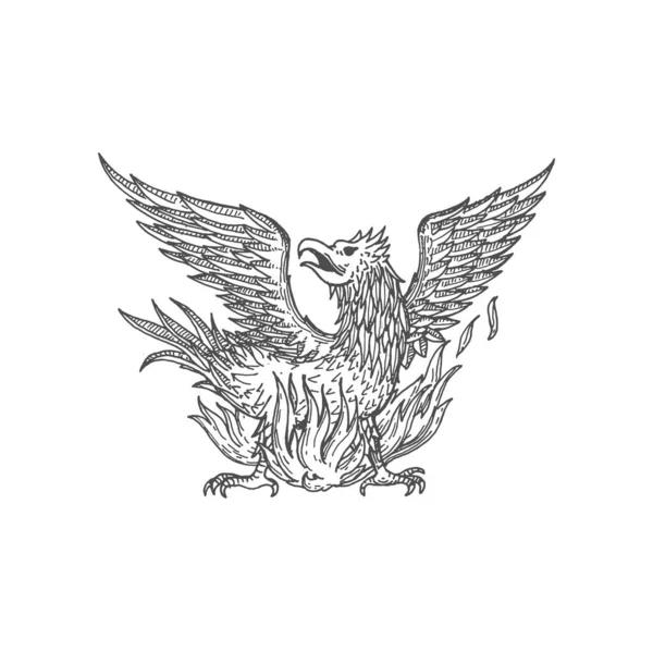 火の孤立スケッチのアイコンでフェニックス鳥 ベクトル手描きフェニックスタトゥー日本語と中国語スタイル 火鳥神話の生き物 フェニックス部族の動物 — ストックベクタ