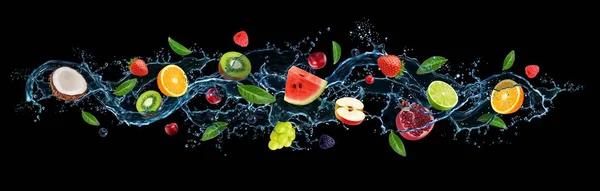 Wasserwellen Plätschern Vor Früchten Beeren Und Grünen Blättern Realistische Trinkwasserspritzer — Stockvektor