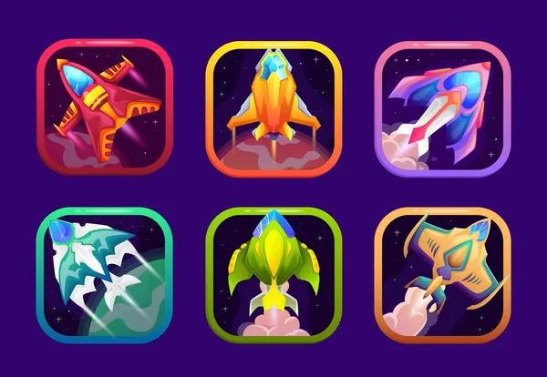 Weltraumspiel App Icons Frames Und Cartoon Gui Für Mobile Anwendungen — Stockvektor