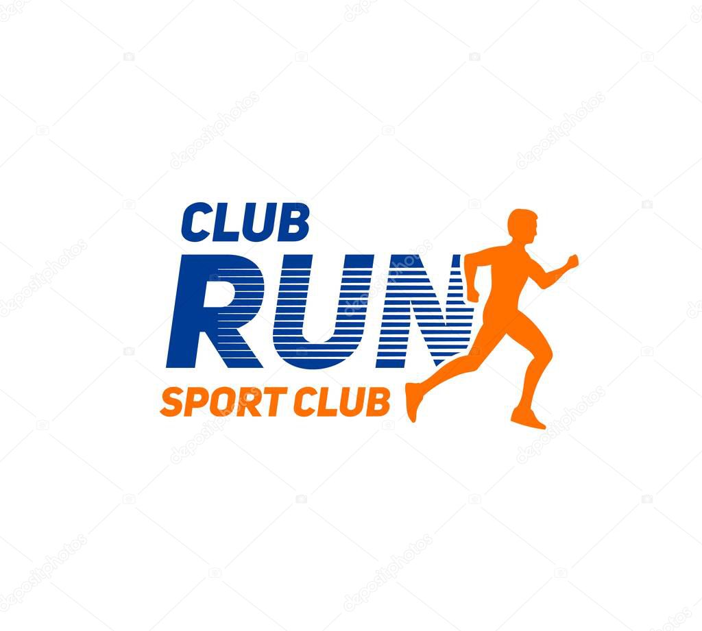 Marathon run sport icon with running man vector silhouette. Runner or athlete jogging isolated orange blue symbol. Foot race competition, run sport club, marathon or sprint tournament emblem