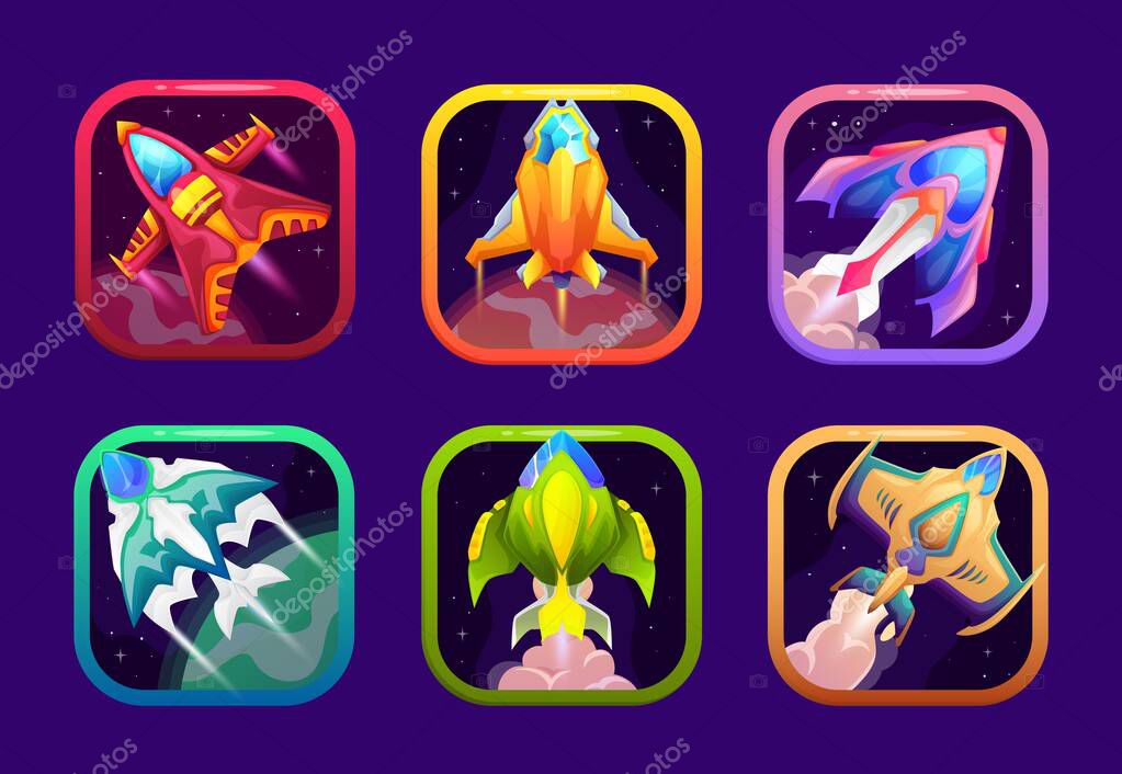 Space game app icons, UI frames and cartoon GUI for mobile application, vector spaceship galaxy adventure. Starship battle game square buttons template for interface of cosmic fantasy arcade