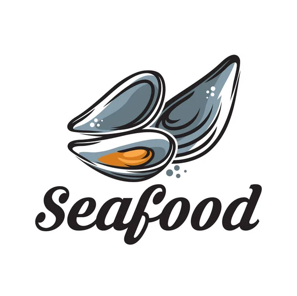 貝のシーフードアイコン レストランやバーの海の食品メニュー 新鮮な魚市場や魚介類店のベクトルアイコンや看板 漁業会社のシンボルまたはカキ肉と貝の紋章 — ストックベクタ