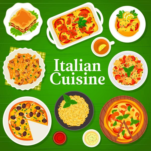 意大利菜菜单上有意大利面 比萨饼和意大利面食 意大利餐馆菜和饭菜 意大利传统美食 海鲜披萨 意大利面 意大利面和意大利面 — 图库矢量图片