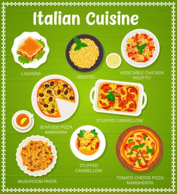 İtalyan mutfağı menüsü, restoran yemekleri öğle yemekleri, yemekler, vektör. İtalyan mutfağı gurme makarnası, lazanya, pizza ve risotto tavuk, mantar ve deniz ürünleri, İtalya geleneksel yemekleri.