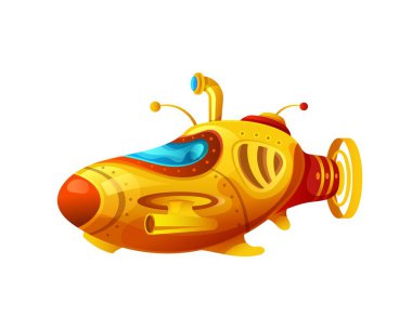 Çizgi film sarı denizaltı, su altı periskop ve pervaneli batisscafhe, vektör su teknesi. Komik retro ya da fantastik denizaltı. Macera oyunu ya da çocuk oyuncağı için pencereleri olan.