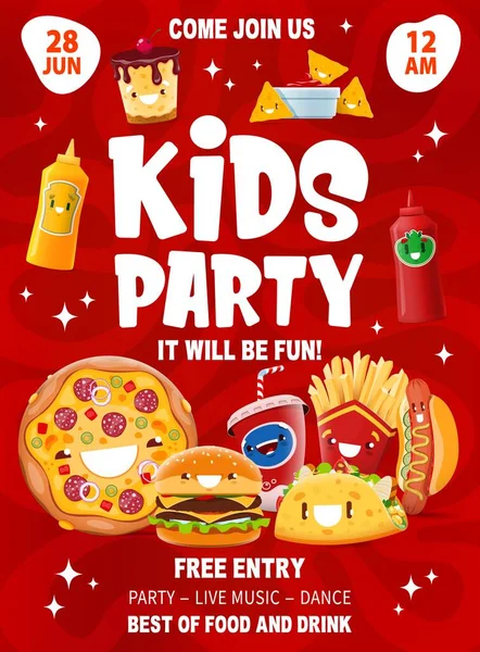 Kids Party Flyer Funny Cartoon Takeaway Fast Food Characters Vector — Stock Vector
