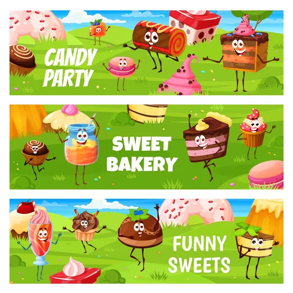Candy Party Cartoon Desserts Pastry Cake Characters Having Fun Meadow — Stock Vector