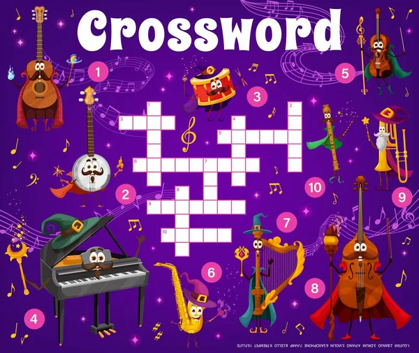 Crossword Muziek Quiz Spel Raster Tovenaar Fee Muziekinstrument Personages Zoek — Stockvector