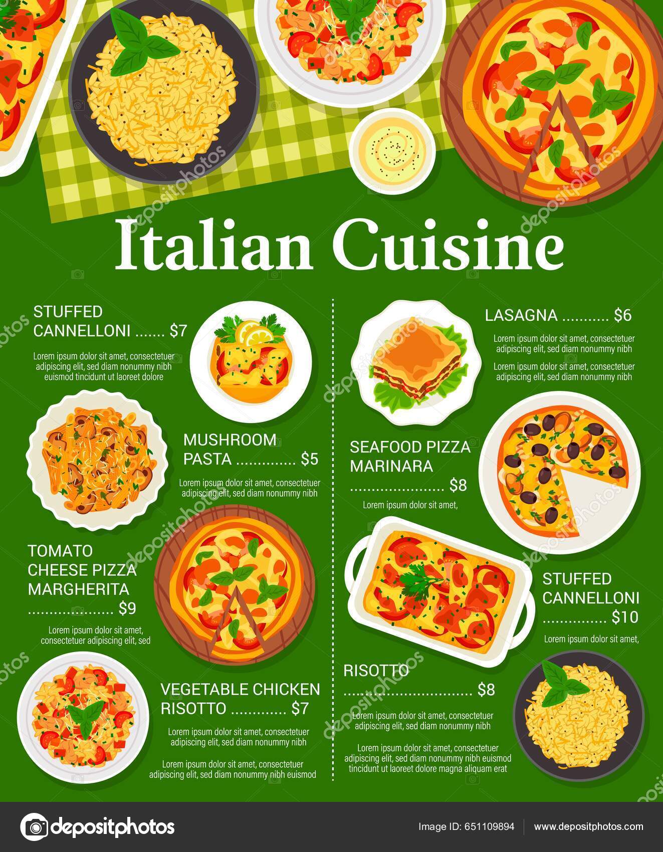 Italiensk Meny Pasta Pizza Risotto Retter Vektor Italienske  Restaurantmåltider Italiensk stockvektor © VectorTradition #651109894, image size:1323x1700