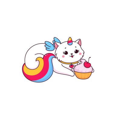 Kekli şirin bir caticorn karakteri. Vector neşeli kawaii fantezi bebek kedicik. Beyaz kanatlı tek boynuzlu at kedisi tatlı tatlının tadını çıkar. Renkli kuyruklu komik sihirli kedi yavrusu kirazlı kek yiyor.