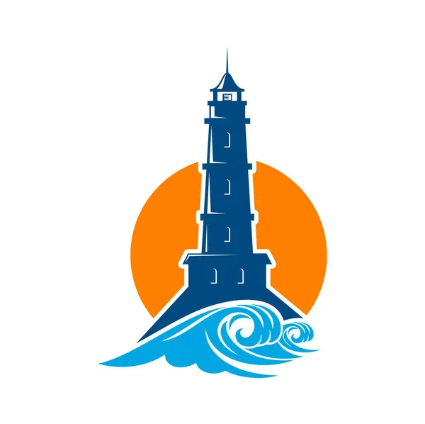 Lighthouse Beacon Icon Sea Light House Nautical Tower Ocean Waves — Stock Vector