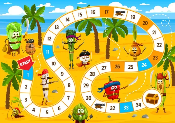 Board Step Game Cartoon Vegetable Pirates Corsairs Characters Island Vector — Stock Vector