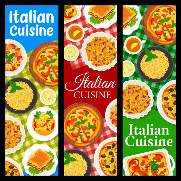 Italian Cuisine Banners Pasta Pizza Risotto Italy Dishes Meals Vector — Stock Vector