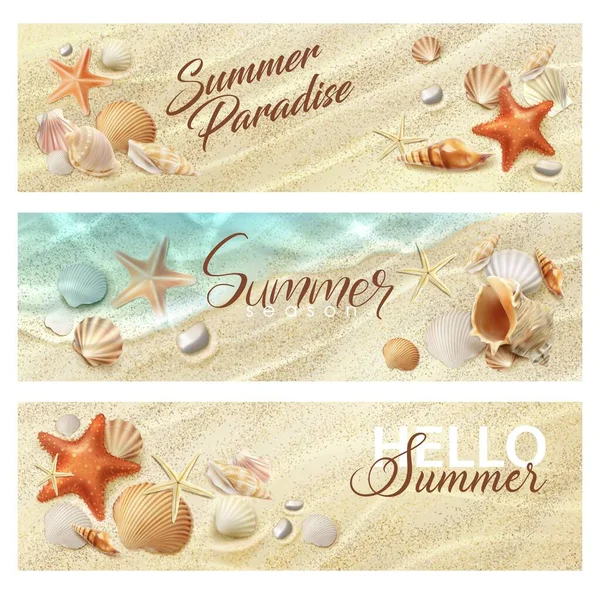 Realistischer Sommerstrand Meer Banner Von Oben Horizontale Vektor Sommerkarten Mit — Stockvektor