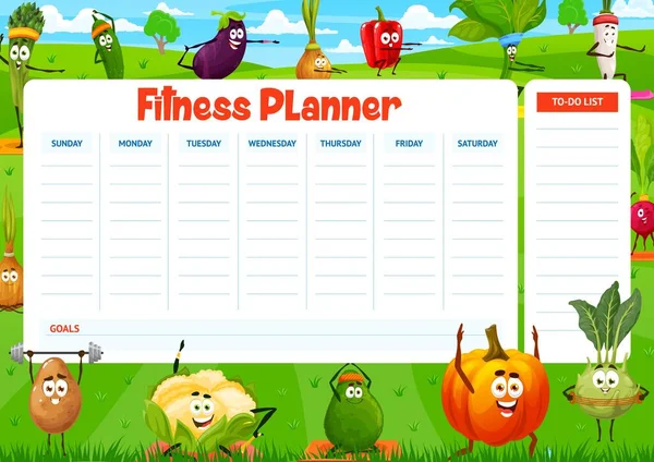 Horário Planejador Semanal Fitness Legumes Desenhos Animados Prado Calendário Agenda —  Vetores de Stock