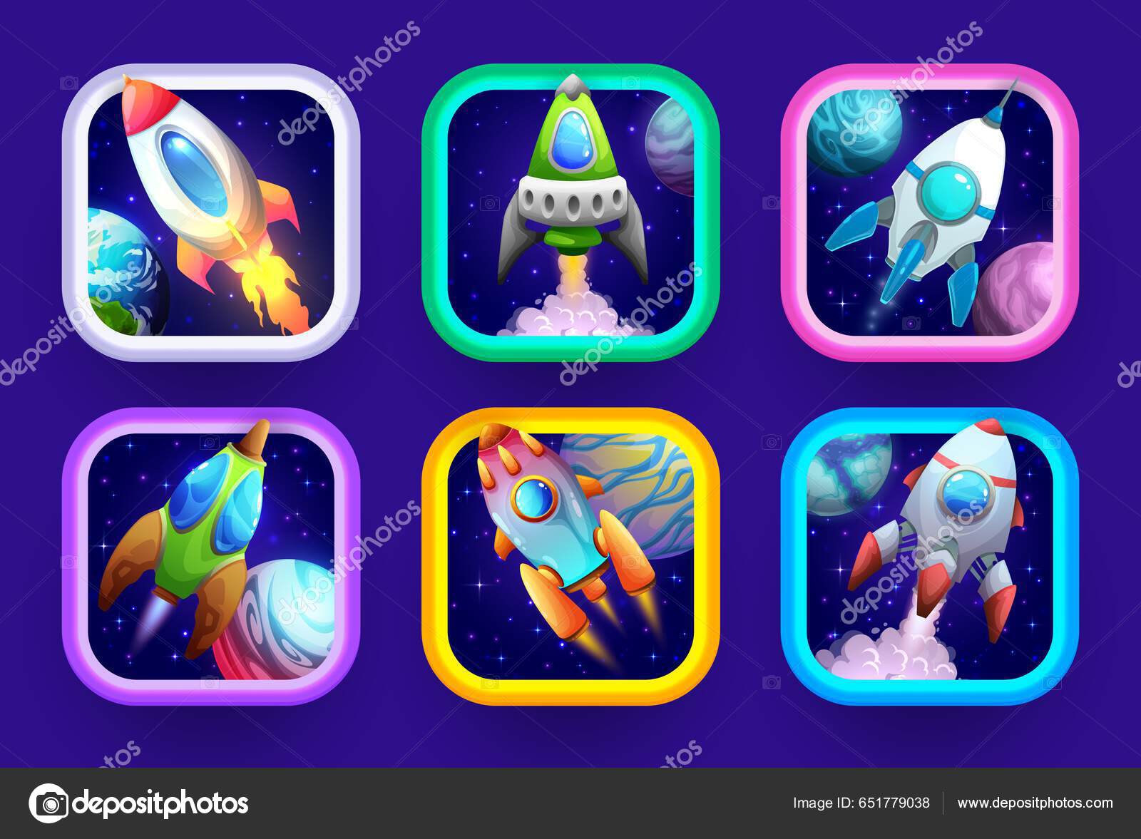 Cartoon Space Game App Icons Rockets Spaceship Vector Button Frames Stock Vector by ©Seamartini 651779038