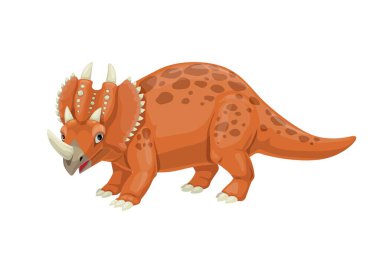 Karikatür Centrosaurus dinozor karakteri. Tarih öncesi hayvan, soyu tükenmiş kertenkele ya da sürüngen komik maskotu. Mezozoik çağ otobur dinozorları boynuzları ve fırfırlı derileri ile izole edilmiş şirin vektör kişilikleri