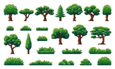 Pixel forest and jungle trees, shrub, grass and herb plants of 8 bit video game nature asset. Pixel art summer trees and bushes with green leaves and brown trunks, pine, oak, fir and maple plants clipart