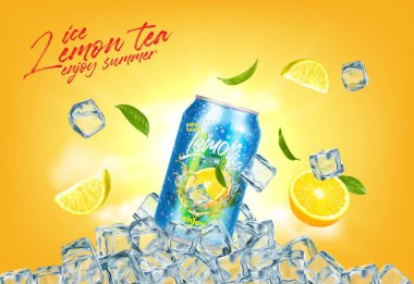 Limon suyu kutusu, kristal buz küpleri, buzlu limon çayı içeceği, vektör ürün reklam arka planı. Taze limonlu soda ya da limonlu meyve suyu. Buz küpleri, limonata reklamı şablonu.