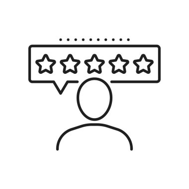 Beş yıldızlı, iş adamı ince çizgi ikonu beyin fırtınası yapıyor. Vektör en iyi hizmeti, müşteri memnuniyeti, geri bildirim alımı, 5 yıldızlı not işareti