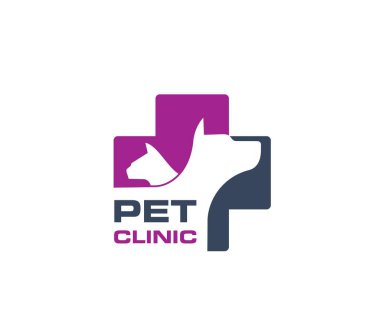 Pet clinic emblem. Domestic animal veterinary clinic, kitty veterinarian hospital or kitten medical service vector sign. Puppy vet doctor symbol or icon with cat and dog silhouettes in cross clipart