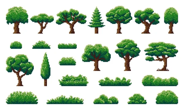8ビットビデオゲーム自然資産のピクセルフォレストとジャングルの木 草やハーブ植物 緑の葉と茶色の幹 オーク モミやカエデの植物とピクセルアート夏の木や茂み — ストックベクタ