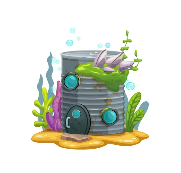 Cartoon Underwater Tin Can Fairy House Sand Bottom Sea Ocean — Stock Vector
