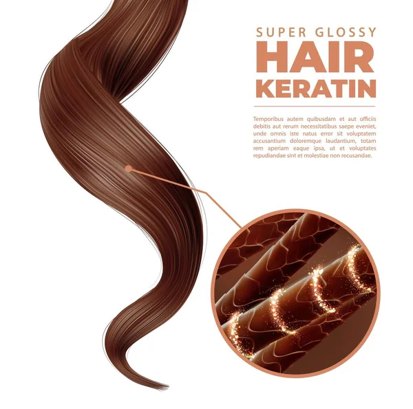 ヘアケア シャンプー ケラチン処理ベクトル3D健康的な強い茶色のストランドの広告バナーやキューティクルと魔法の輝き光沢のある渦巻きと髪のシャフト構造のクローズアップ図とロック — ストックベクタ