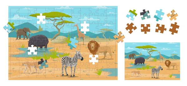 漫画アフリカサバンナ動物 ジグソーパズルゲーム作品 キリン ゼブラ ライオン チーターまたはカバとの時空間活動のためのキッズベクトルワークシート 正しい部品ボードゲームの謎に一致 — ストックベクタ