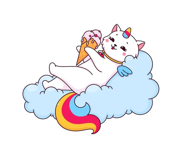 Cartoon Caticorn Character Cloud Ice Cream Happy Unicorn Cat Kitten — Stock Vector