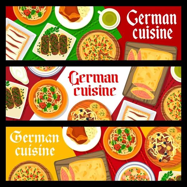 German Cuisine Restaurant Meals Banners Salmon Fish Pie Ribs Sauerkraut — Stock Vector