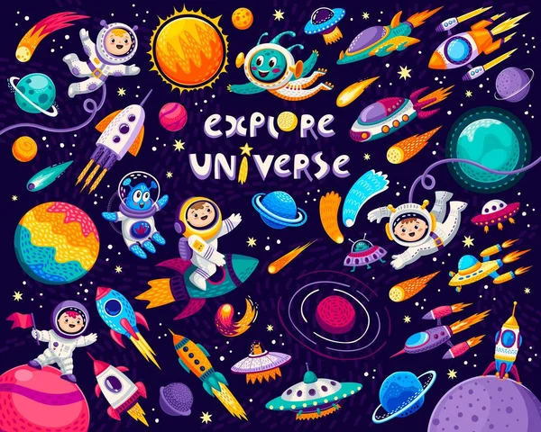 Cartoon Kids Space Galaxy Astronauts Planets Rockets Vector Cosmic Repeated — Stock Vector
