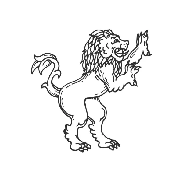 ヴィンテージロイヤル紋章のライオン中世の紋章動物のスケッチ 腕のベクトルコート 紋章や手の騎士の紋章ライオンの額の上昇が横行描画されます 獣の王 ブレゾンの要素 — ストックベクタ
