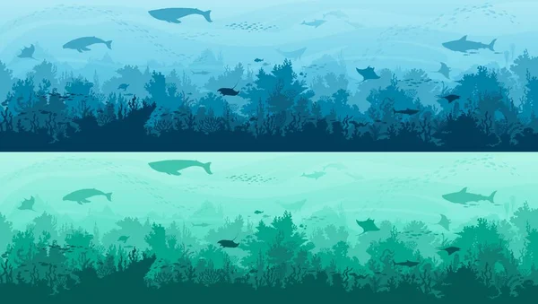 Paysage Sous Marin Silhouette Milieux Poissons Raie Manta Les Baleines — Image vectorielle