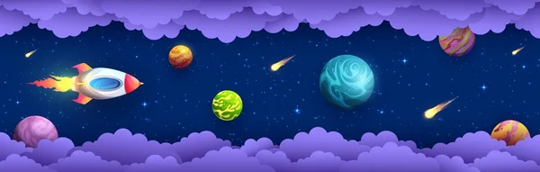 Découpe Papier Spatial Flying Rocket Galaxy Universe Vector Banner Cartoon — Image vectorielle