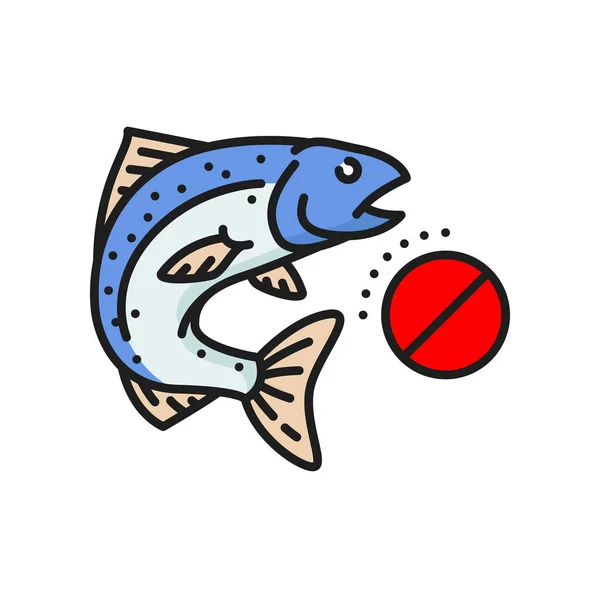 海鲜和鱼产品过敏色系图标 营养成分禁止 食物耐受或过敏病媒图标 含鲑鱼或鳟鱼的食物产品过敏原轮廓符号或象形图 — 图库矢量图片