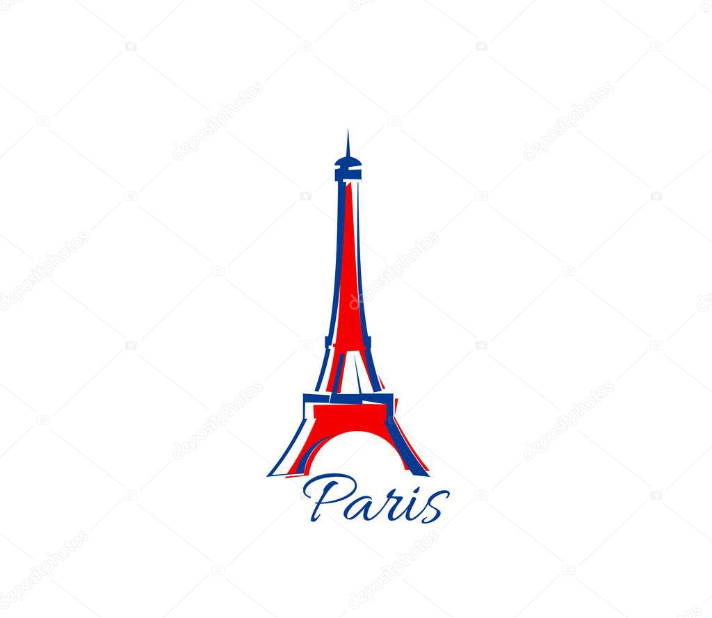Paris Eiffel tower icon, France travel and tourism landmark, vector French symbol. Eiffel tower tour and Paris city architecture with flag art, tourist monument and world famous building silhouette