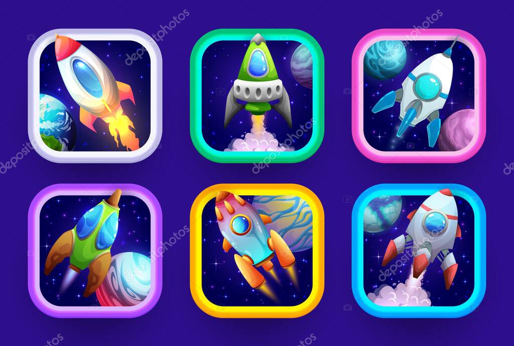 Cartoon space game app icons with rockets and spaceship, vector button frames. Galaxy adventure arcade game app icons for mobile application with spaceship and starship, space shooting battle game