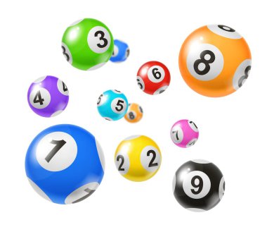 Bingo lottery balls, isolated 3d vector set of numbered spheres. Colorful flying lotto balls bounce and spin, dropping and falling randomly, bringing hopeful winning possibilities to lucky players clipart