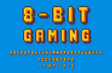 8 bit pixel font type and game typeface alphabet, vector retro letters and numbers. 8 bit pixel art or arcade game text or typography font of retro computer video game typeface alphabet clipart