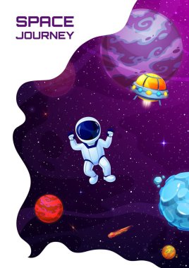 Uzay iniş sayfası, uzaydaki karikatür astronotu, galaksi gezegenleri ve UFO, vektör web sitesi arka planı. İniş sayfası için göktaşları olan Galaksi uzay gemisi veya roket gemisi ve uzay adamı
