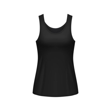 Siyah kolsuz, kolsuz bir kadın. İzole vektör gerçekçi üç boyutlu kadın gömleği ya da spor yarış pisti şablonu. Giysi, iç çamaşırı.