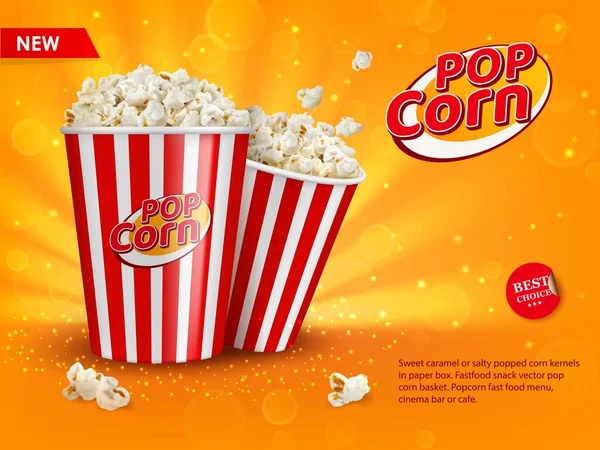 Cinema Popcorn Buckets Poster Movie Theater Snack Crunchy Sweetcorn Fast — Stock Vector