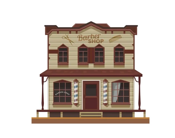 Western Wild West Barber Shop Town Building Cartoon Old Wood — Stock Vector