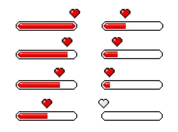 Pixel心脏加载条8位游戏图标矢量视频街机资产 Pixel心脏加载进度条与一半 满载和空载 视频游戏用户或游戏玩家的生命 能量和健康状况表 — 图库矢量图片