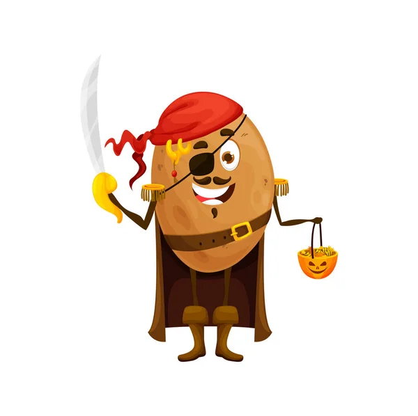 Tecknad Potatis Pirat Halloween Karaktär Isolerad Vektor Roande Grönsaker Filibuster — Stock vektor