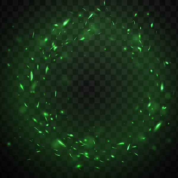 圆形的绿色火焰闪耀 燃烧的火焰闪耀的框架 矢量现实的光效果与绿色的烟雾和燃烧的颗粒在黑暗的背景 魔法火圈或地狱之火在边界周围闪耀 — 图库矢量图片